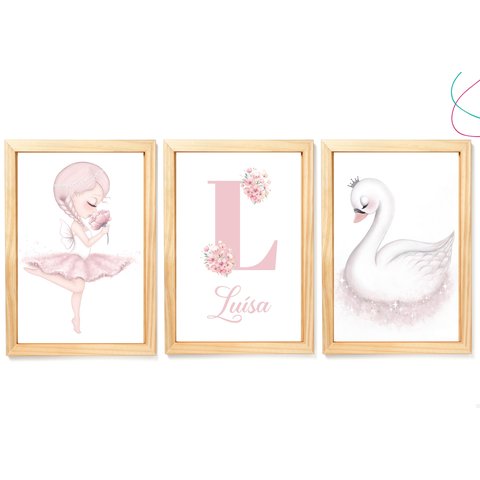 Quadros Decoração Quarto Menina Bailarina e Cisne com Vidro:pinus