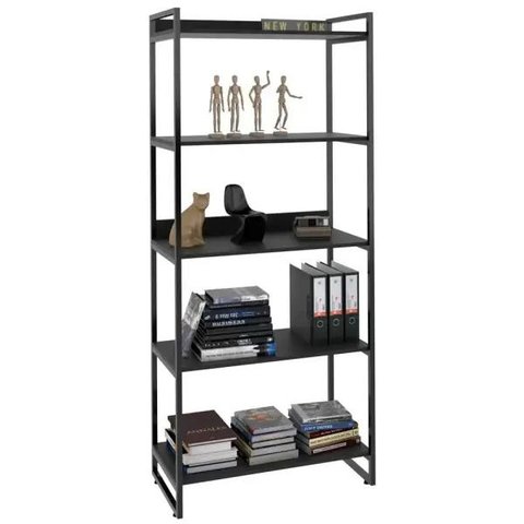 Estante Multiuso 5 Prateleiras Escritório Estilo Industrial Form 187x80 cm Preto Onix - Lyam Decor