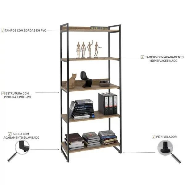 Estante Multiuso 5 Prateleiras Escritório Estilo Industrial Form 187x80 cm Carvalho - Lyam Decor - 3