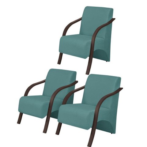 Kit 3 Poltronas Vênus 1 Lugar Pé Madeira Turquesa