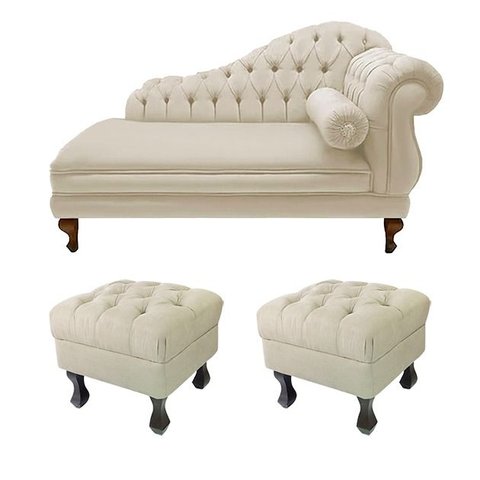 Divã Recamier Namoradeira Larissa 150cm + 2 Puffs Retrô Suede Bege