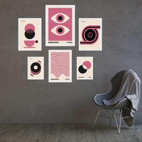 Composição 6 Quadros Artes Bauhaus Rosa e Bege - com Vidro:moldura Branca