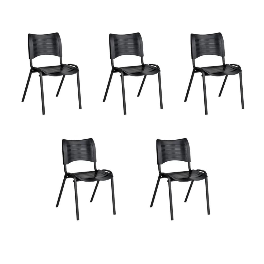 Kit 5 Cadeira ISO Empilhável Fixa Escritório Preta