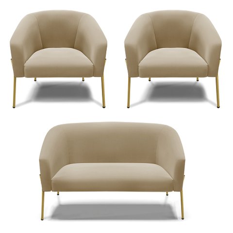 Sofá Namoradeira e 2 Poltronas Pé de Ferro Dourado Stella Suede Marrom Rato D03 - D'Rossi