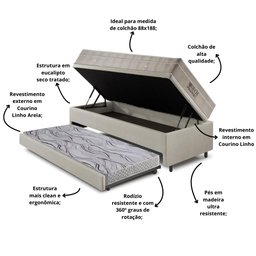 Bicama Box Baú 88x188 Courino Linho Areia com Colchão Airtech Ortobom - 5