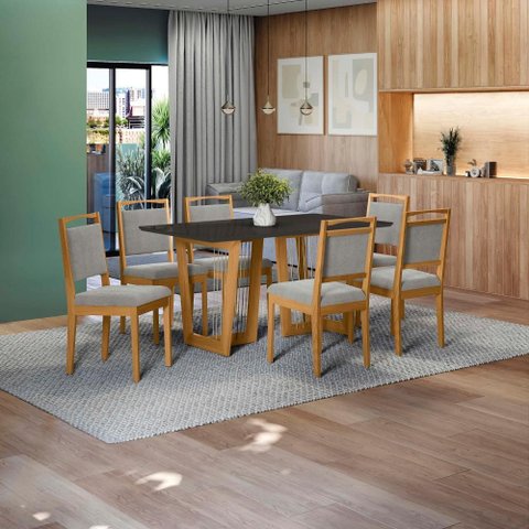 Conjunto Sala de Jantar Lina em Madeira Maciça 6 Cadeiras Boucle Cinza
