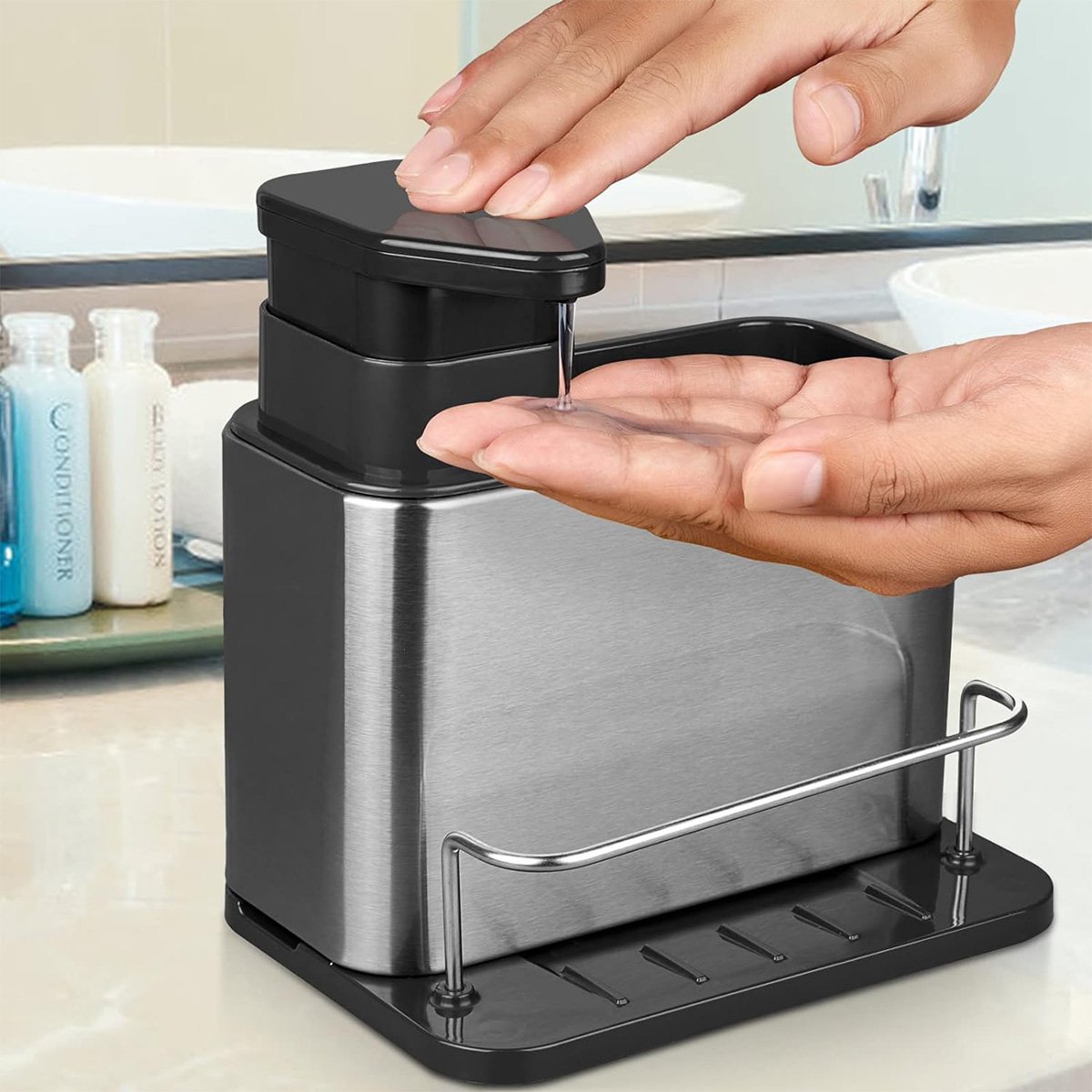 Dispenser Detergente Sabao Liquido 3 em 1 Aço Inox Porta Esponja Escorredor Bucha Cozinha Limpeza Or - 3