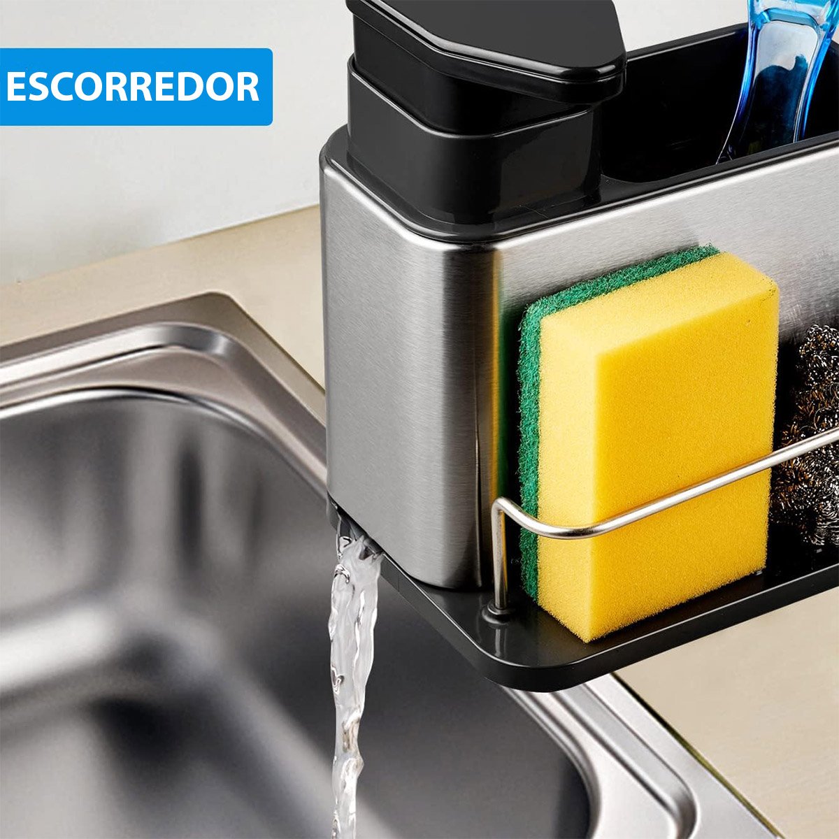 Dispenser Detergente Sabao Liquido 3 em 1 Aço Inox Porta Esponja Escorredor Bucha Cozinha Limpeza Or - 5