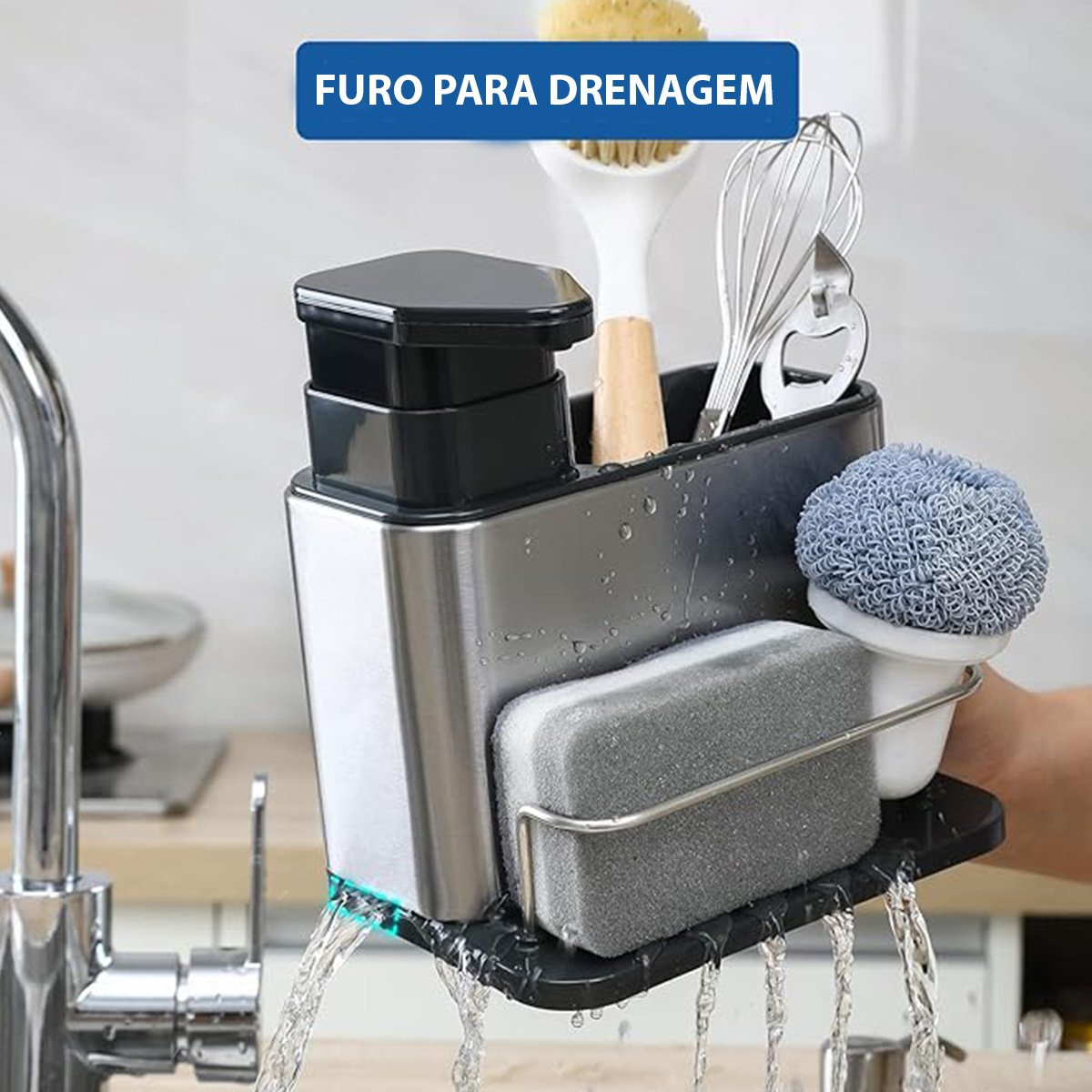 Dispenser Detergente Sabao Liquido 3 em 1 Aço Inox Porta Esponja Escorredor Bucha Cozinha Limpeza Or - 10