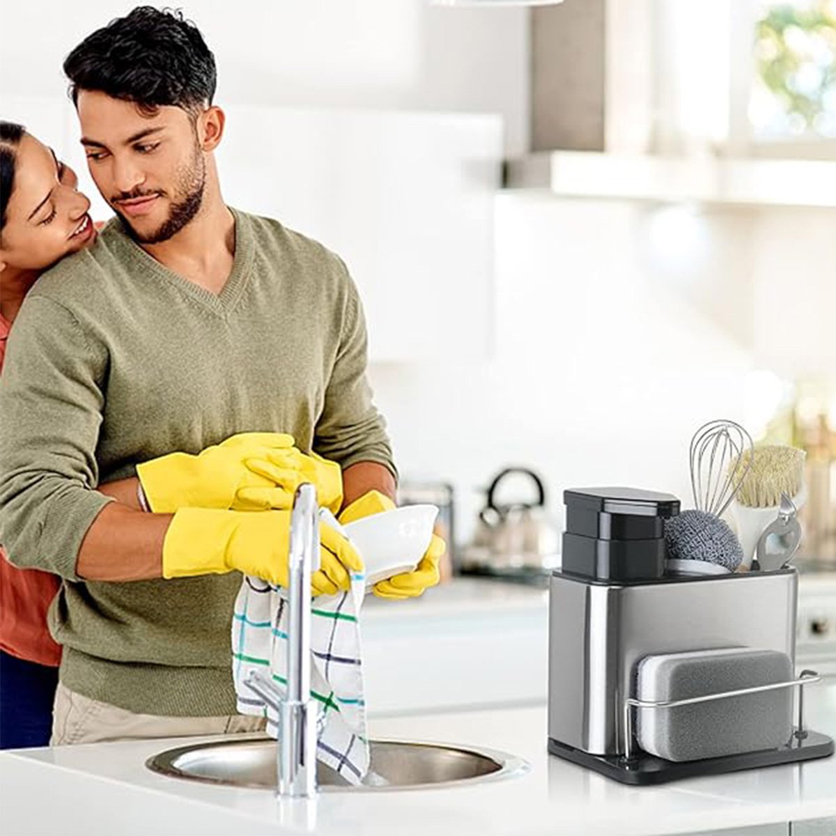 Dispenser Detergente Sabao Liquido 3 em 1 Aço Inox Porta Esponja Escorredor Bucha Cozinha Limpeza Or - 4