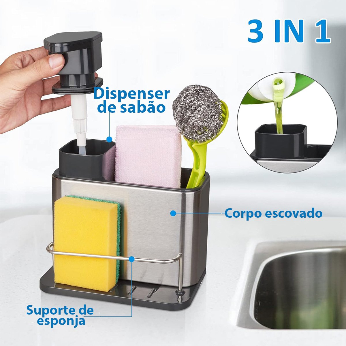Dispenser Detergente Sabao Liquido 3 em 1 Aço Inox Porta Esponja Escorredor Bucha Cozinha Limpeza Or - 6