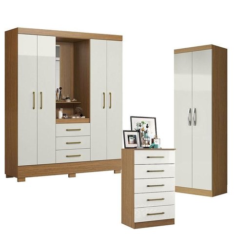 Guarda Roupa Solteiro Paris 2045150 com Armário Multiuso 2 Portas New 2000192 e Cômoda 5 Gavetas 201