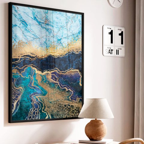 Quadro Decorativo Abstrato Mármore Azul Profundo em Moldura Caixa Tacolado Moldura Trad 1cm Branca S