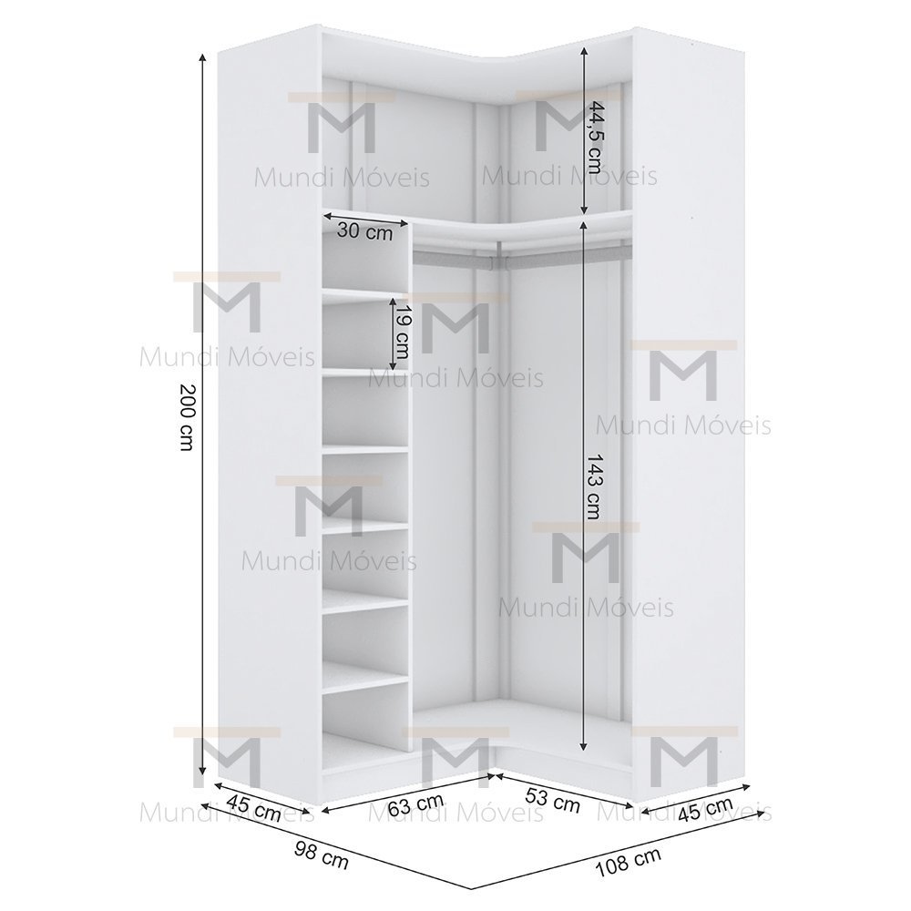 MÓDULO CLOSET CANTO A200XLX98XLY108 C/ NICHOS E CABIDEIRO M366.B MUNDI MOVEIS - 2