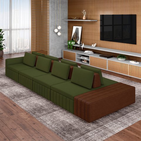 Sofá Ilha com Encosto e Almofadas Móveis Olimpo 505cm Modulado Linho/pu Verde/marrom G45 - Gran Belo