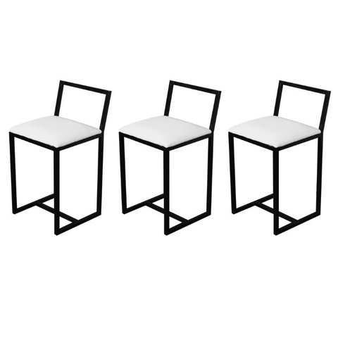 Kit 3 Banqueta Baixa Para Cozinha Preta Industrial Assento Estofado