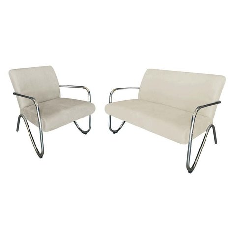 Kit Namoradeira + Poltrona Decorativa Bela Couro Bege Braço Cromado