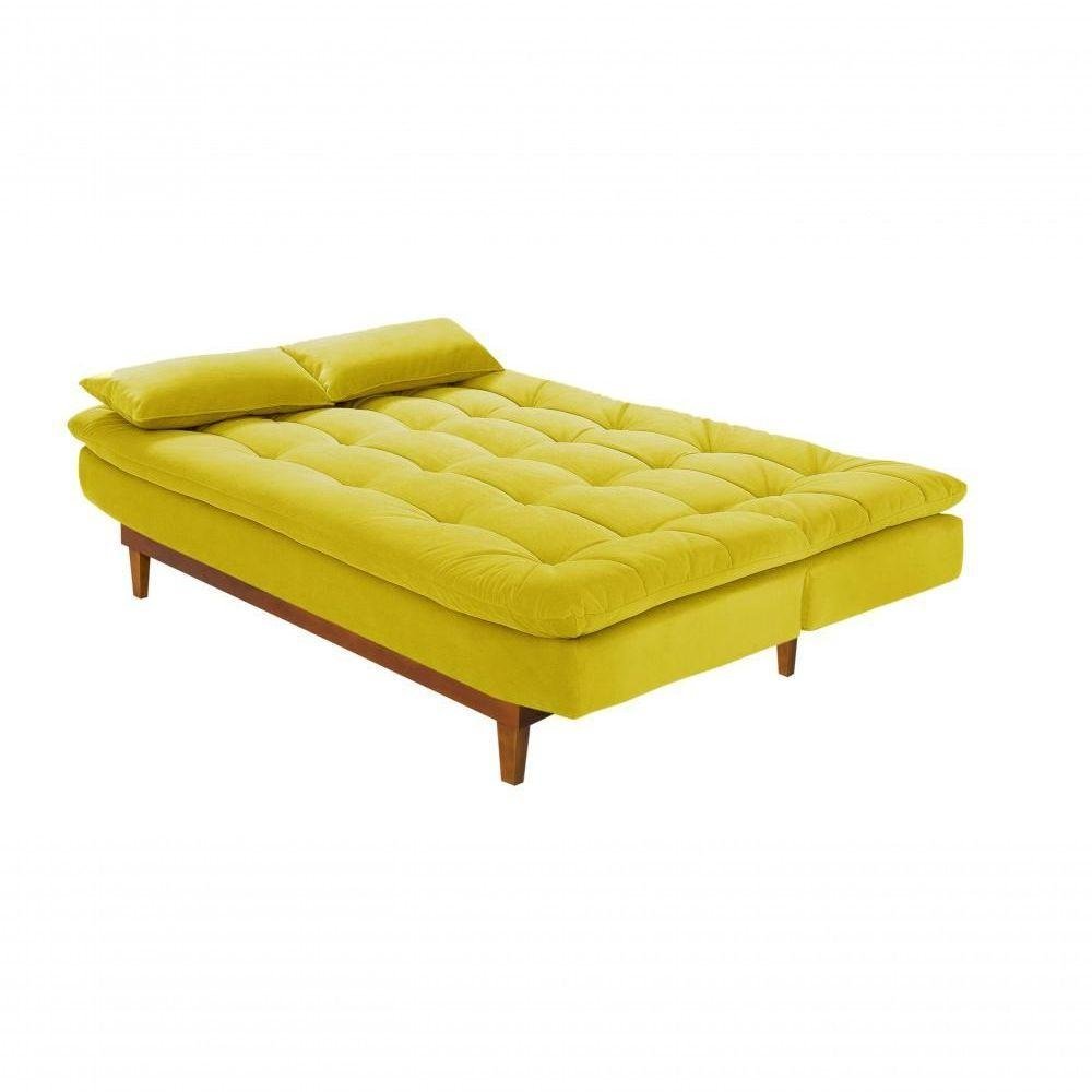 Sofá Cama Dubai 3 Lugares Império Reclinável Casal Pés Madeira Amarelo 374 - 1