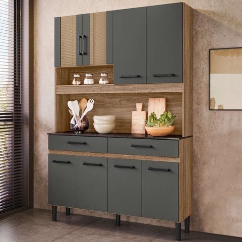 Kit Cozinha Bari 8 Portas Nicioli - Carvalho Rústico/chumbo