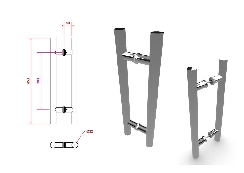 Puxador Tubular H Inox 304 Polido 3.2x45x30cm - 4