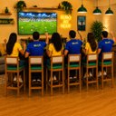 Ver imagem 2 de 6 Banquetas Madeira Copa do Mundo Brasil Estofados Bruna:Mel e Sintetico Verde