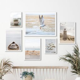Composição 6 Quadros Praia- Fotos Branco e Bege:madeira Branca - 1