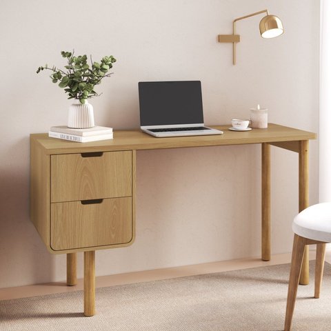 Mesa Escrivaninha Orgânica Curva 2 Gavetas 136cm Pés Madeira Maciça 100% MDF BP Aura Marrom/Hanover