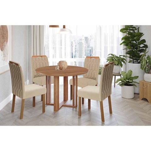 Sala de Jantar Completa Flora Tampo Madeirado 109cm e 4 Cadeiras Paola Cinamomo - Carvalho/linho