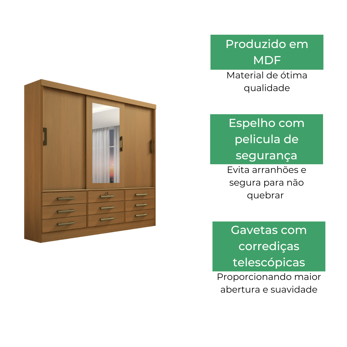 Guarda Roupa Casal com Espelho 3 Portas 9 Gavetas Meridian D'Doro Cinamomo - 3