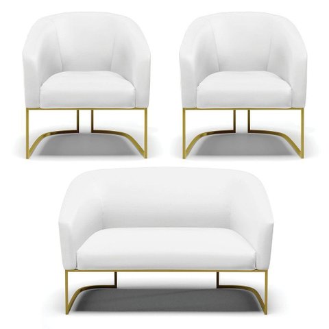 Sofá Namoradeira e 2 Poltronas Base Industrial Dourado Stella Corino D03 - D'Rossi Cor Branco