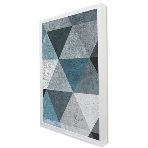 Quadro Decorativo Caixa Geométrico Triângulos em Tons de Azul  Tacolado Moldura Caixa 3cm Freijó com