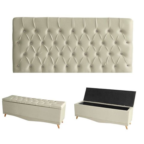 Kit Estrela Cabeceira De Cama Painel e Calçadeira Baú Botão Cristal King 195 cm Suede Porcelana Eli 