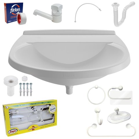 Pia Lavatório Banheiro 8l + Kit para Banheiro Redondo + Torneira Branca + Sifão Universal Sanfonado