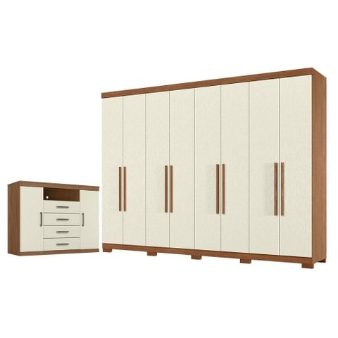 Guarda Roupa Casal 8 Portas 4 Gavetas Master New com Pés e Cômoda Havana Master Jatobá Areia -