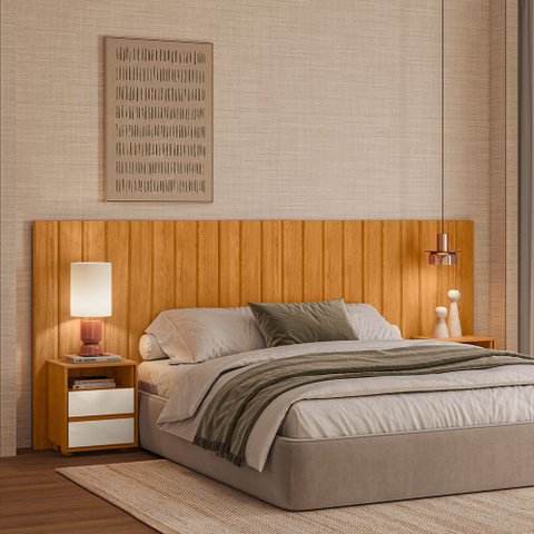 Cabeceira Frida Flex Casal Queen King 2 Mesas Cabeceira -MDF:Cinamomo/Offwhite