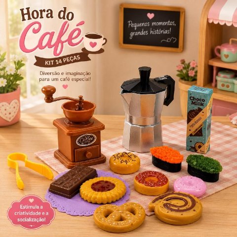 Maquina de Cafe Infantil Kit Cafeteria Moedor Cafeteira Italiana Brinquedo Completo 14 Pecas Mini Co