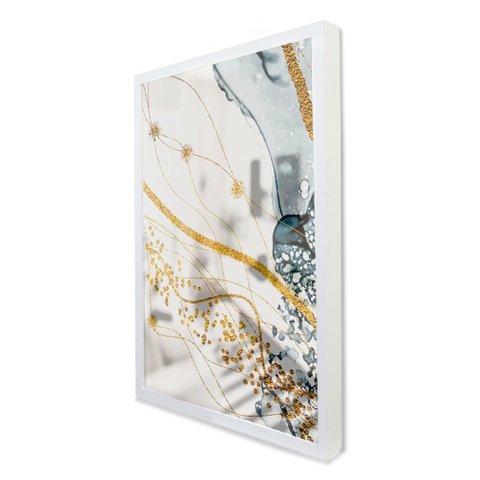 Quadro Decorativo Caixa Alta com Vidro Abstrato Mármore Delicado TaColado Moldura Branca 90 x 60cm