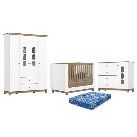 Dormitório Aconchego Guarda Roupa, Cômoda e Berço Branco/jequitibá com Colchão Physical - Mó