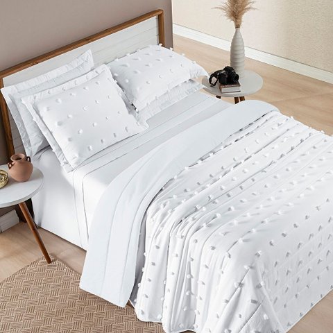 Cobre Leito Colcha Padrão Pompom 3 Peças Branco - 100% Poliéster