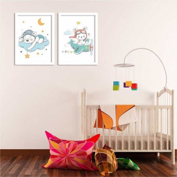 Kit 2 Quadros Decorativos Infantil Ursinho nas Nuvens - 1