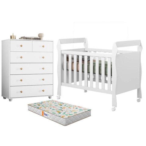 Berço Americano Mini Cama Soninho com Colchão Gazin e Cômoda Vittoria 6 Gavetas Branco - Móveis