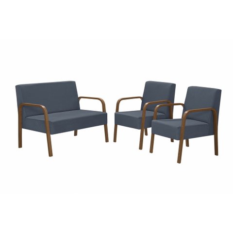 Conjunto Luna 1 Poltrona 2 Lugares e 2 poltronas de 1 lugar Braço Madeira D Salla Suede Azul Bic