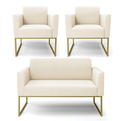 Sofá Namoradeira com 2 Poltronas Base Industrial Dourado Marisa Veludo D03 - D\'rossi Cor Bege