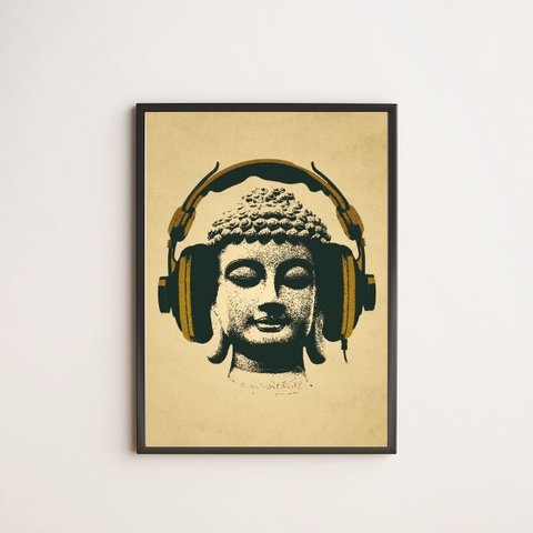Quadro Decorativo Music Buda 24x18cm:Madeira branca