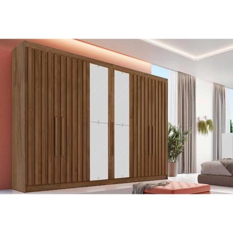 Guarda Roupa 6 Portas Ripadas (2 C/ Espelho) e 6 Gavetas Potente Braúna - Europa