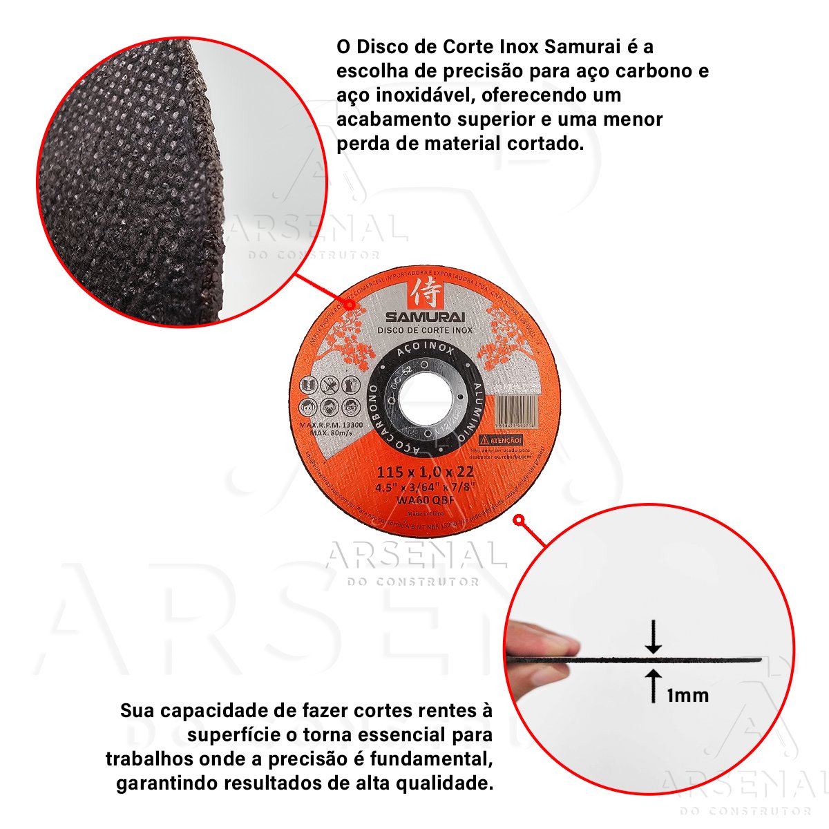 Kit 50 Discos de Corte Inox Fino 1mm Samurai 115x22mm 4 1/2 - 4