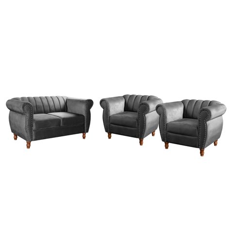 Conjunto Realeza Sofá com Poltronas Chesterfield Decoração Sala Recepção - Suede Cinza