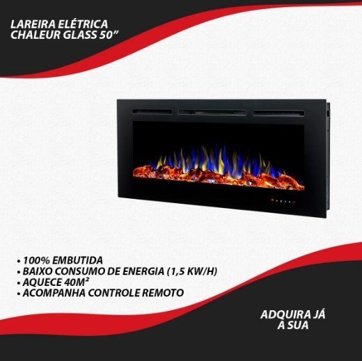 Lareira Elétrica Aquecedor Chaleur Preta 220v Tela de 50" Polegadas de Embutir IPXO, Classe I, Frequ - 6