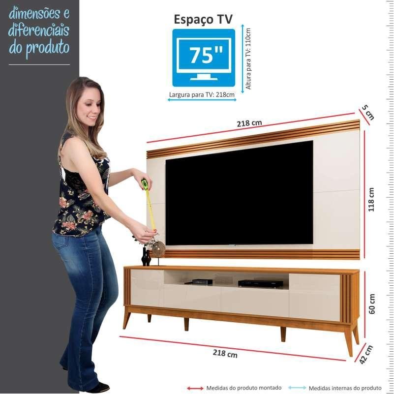 Rack Com Painel Ripado Para TV 75 Pol Brunt EAX Móveis Cedro/Off White ...