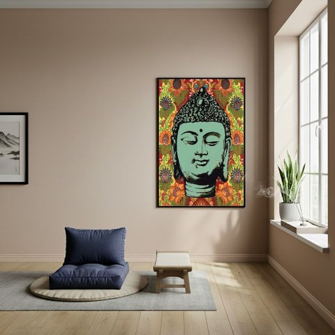 Quadro Decorativo Desenho da Cabeça de Buda - 70x50cm:moldura Preta